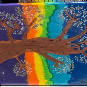 Purple and Blue Twilight Painting with Silhouetted Tree